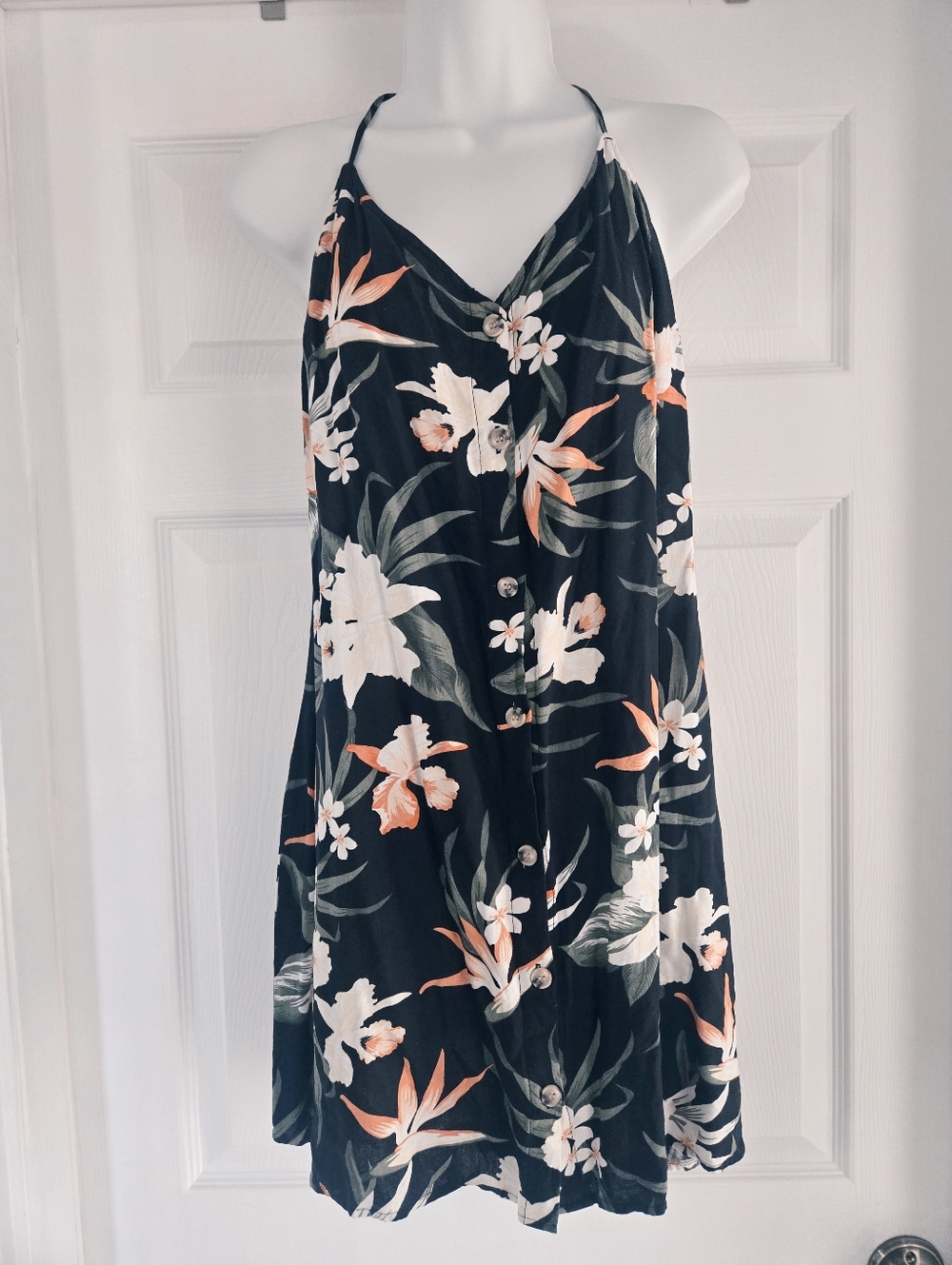 H&M Black Floral Button-Front Halter Mini Dress with Peach and White Blooms